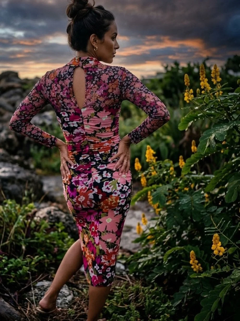 NWT Long Sleeve Mesh Ruched Multicolor Midi Floral Body Con Side slit Dress